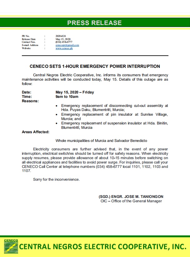 CENECO SETS 1-HOUR EMERGENCY POWER INTERRUPTION