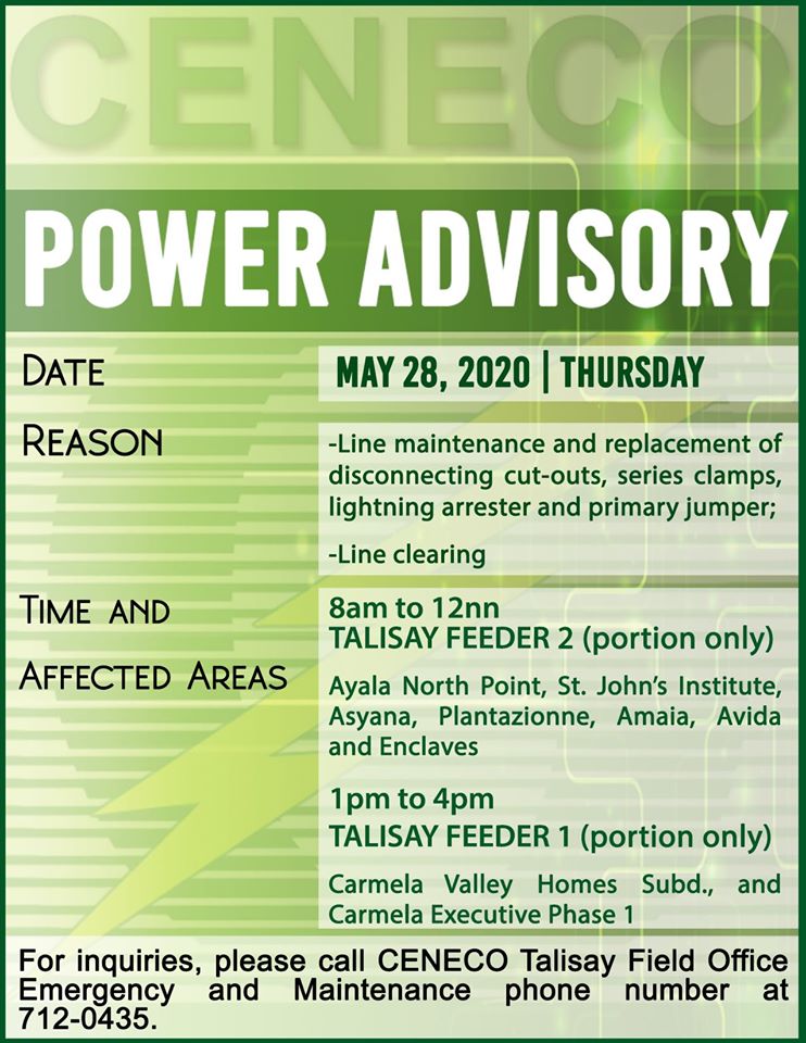 CENECO SETS POWER INTERRUPTION ON MAY 28