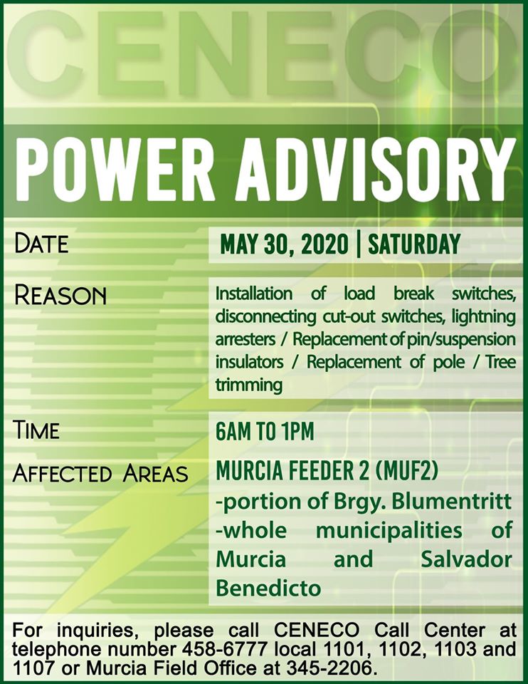 CENECO SETS POWER INTERRUPTION ON MAY 30