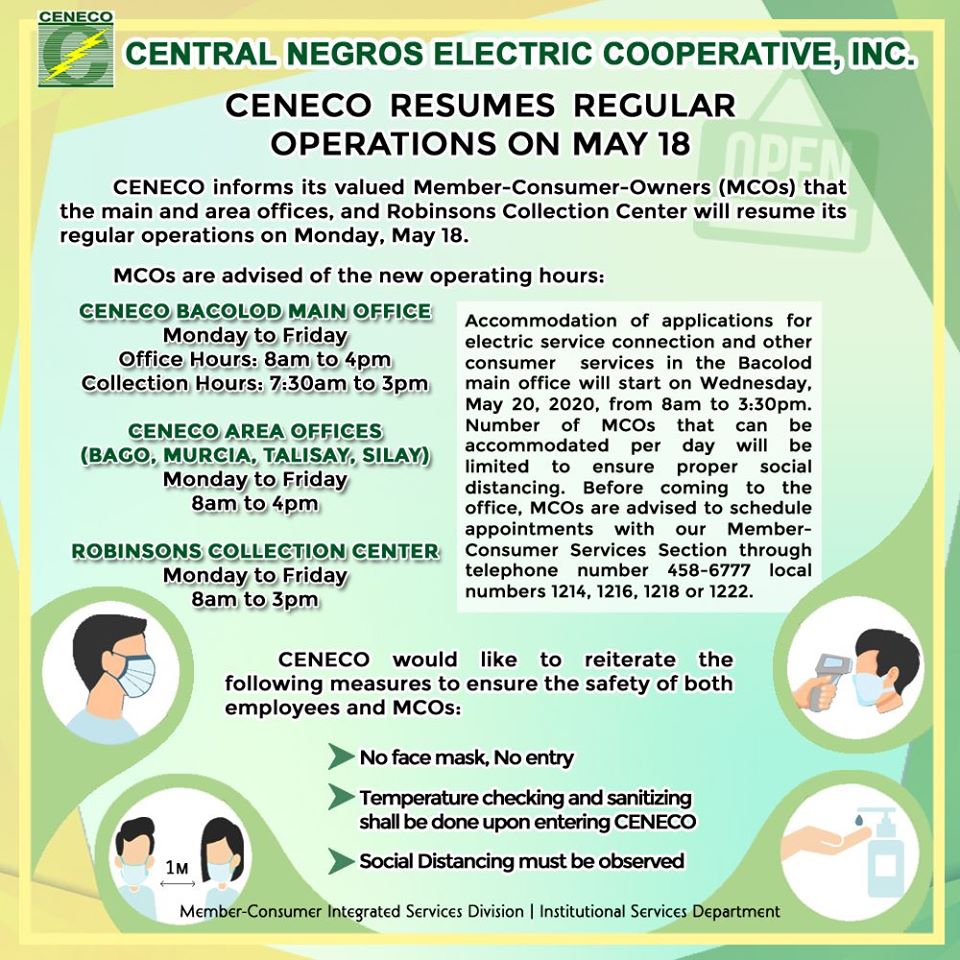 CENECO RESUMES REGULAR OPERATIONS ON MAY 18