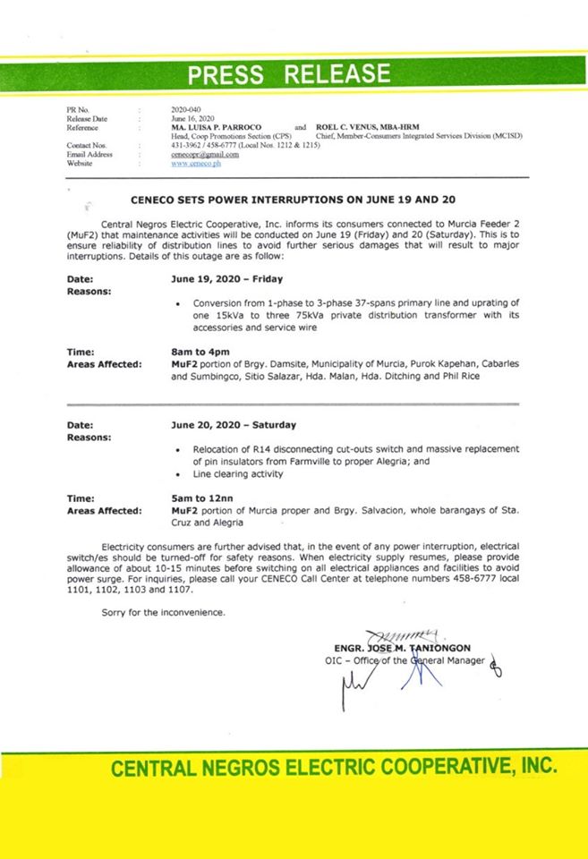 CENECO SETS POWER INTERRUPTIONS ON JUNE 19 AND 20