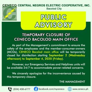 Public Advisory: Temporary Closure of CENECO Bacolod Main Office ...