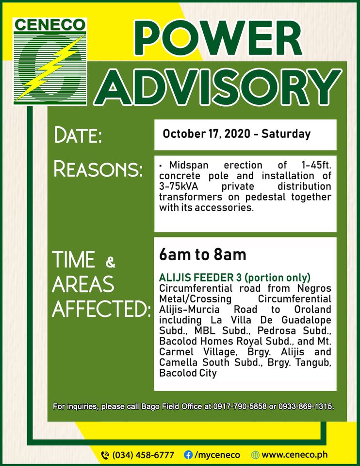 CENECO SETS POWER INTERRUPTION ON OCTOBER 17  (AF3 portion only)