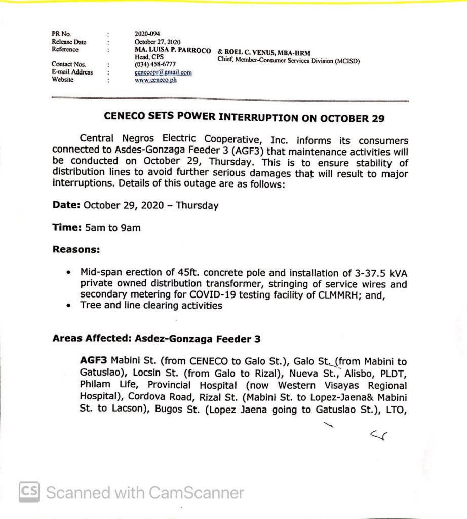 CENECO SETS POWER INTERRUPTION ON OCTOBER 29