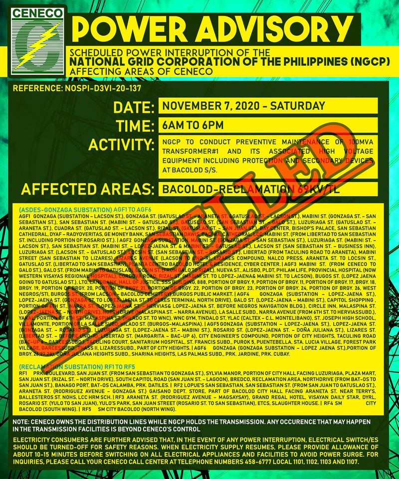 NGCP Cancels November 7 Scheduled Power Interruption