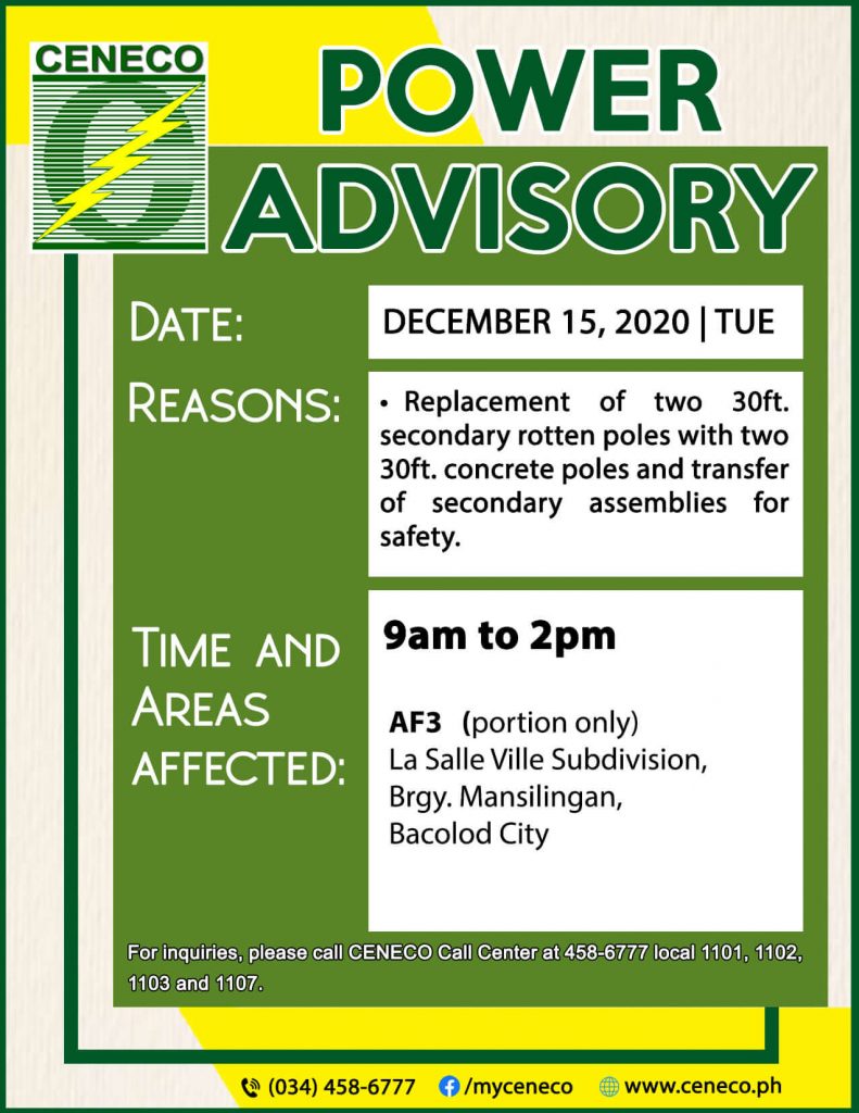 CENECO SET POWER INTERRUPTIONS ON DECEMBER 15 AND 17