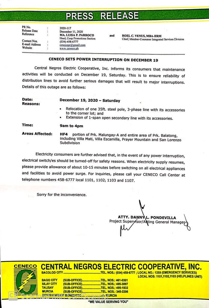 CENECO SETS POWER INTERRUPTION ON DECEMBER 19