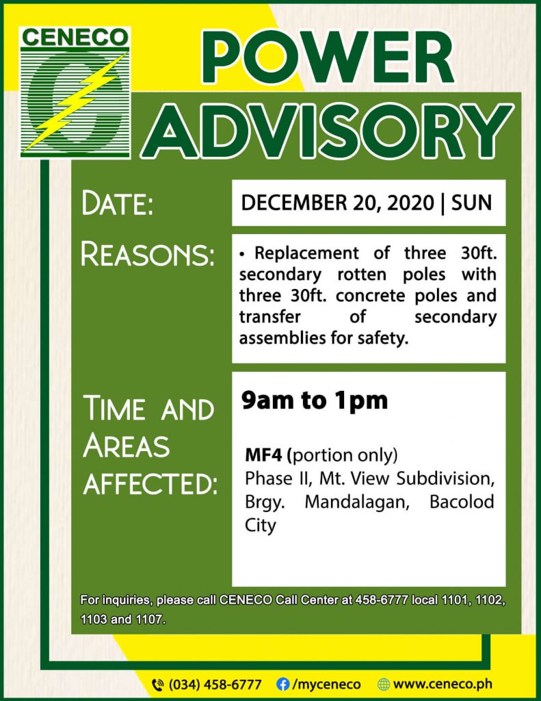 CENECO SET POWER INTERRUPTIONS ON DECEMBER 20 AND 22