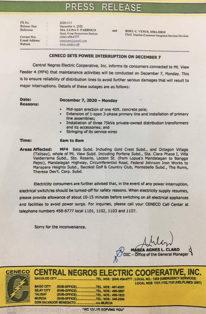 CENECO SETS POWER INTERRUPTION ON DECEMBER 7