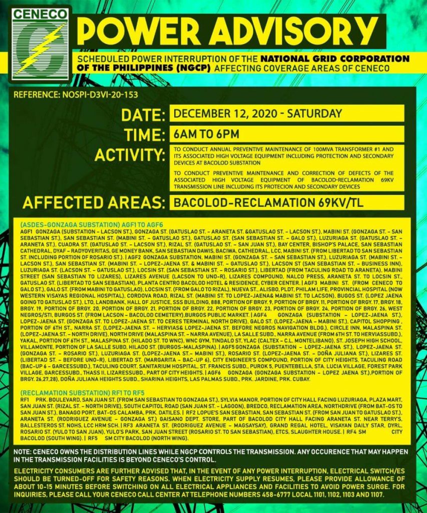 Scheduled Power Interruption of the National Grid Corporation of the Philippines (NGCP) Affecting Areas of CENECO – December 12, 2020