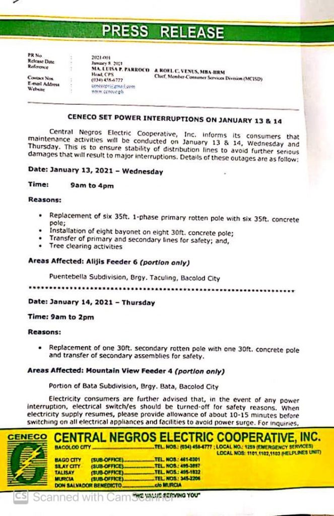 CENECO SET POWER INTERRUPTIONS ON JANUARY 13 & 14