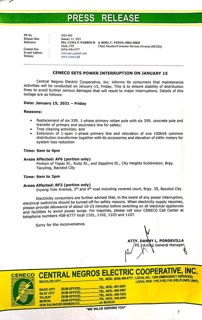 CENECO Sets Power Interruption on January 15