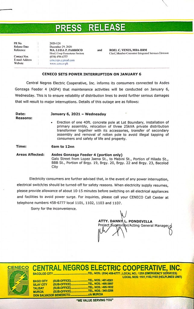 CENECO SETS POWER INTERRUPTION ON JANUARY 6