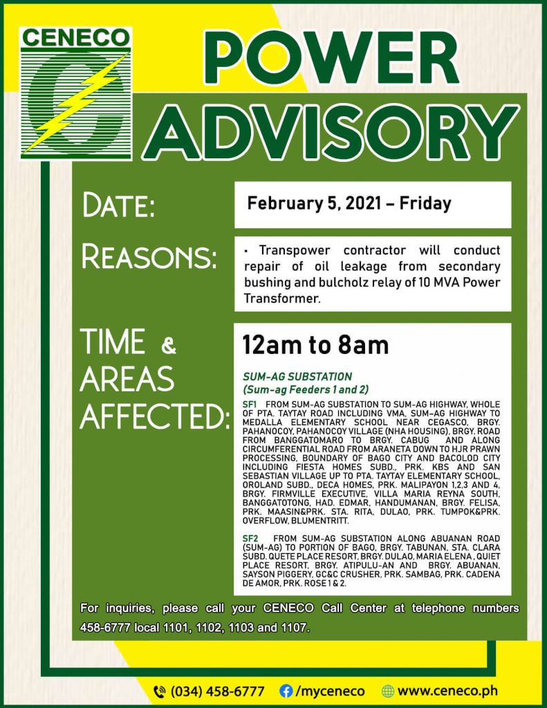 CENECO SET POWER INTERRUPTIONS ON FEBRUARY 5 & 6