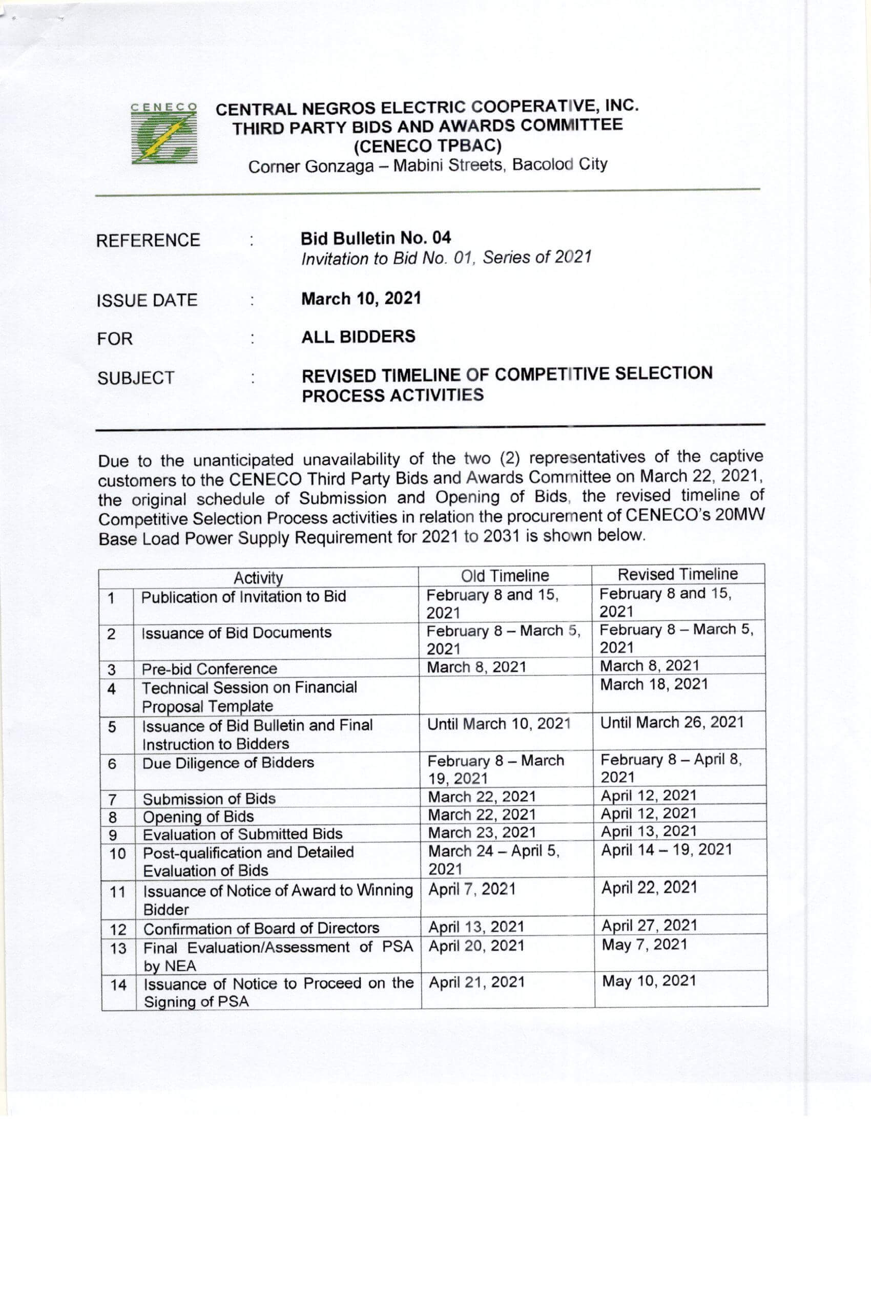 BID Bulletin NO. 04: Invitation to Bid Number 1, Series of 2021