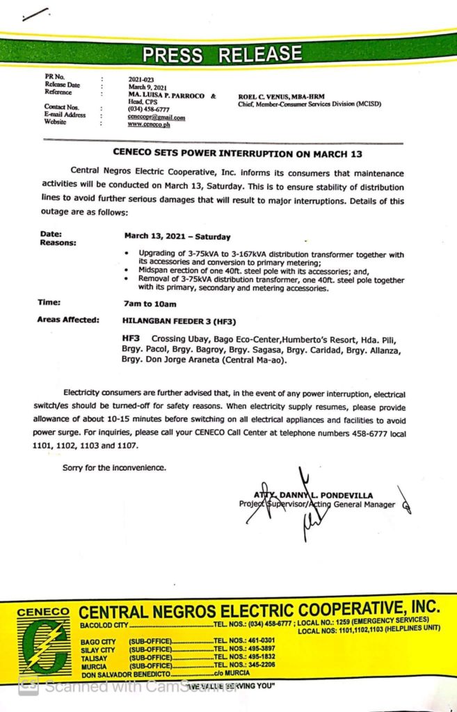 CENECO Sets Power Interruption on March 13