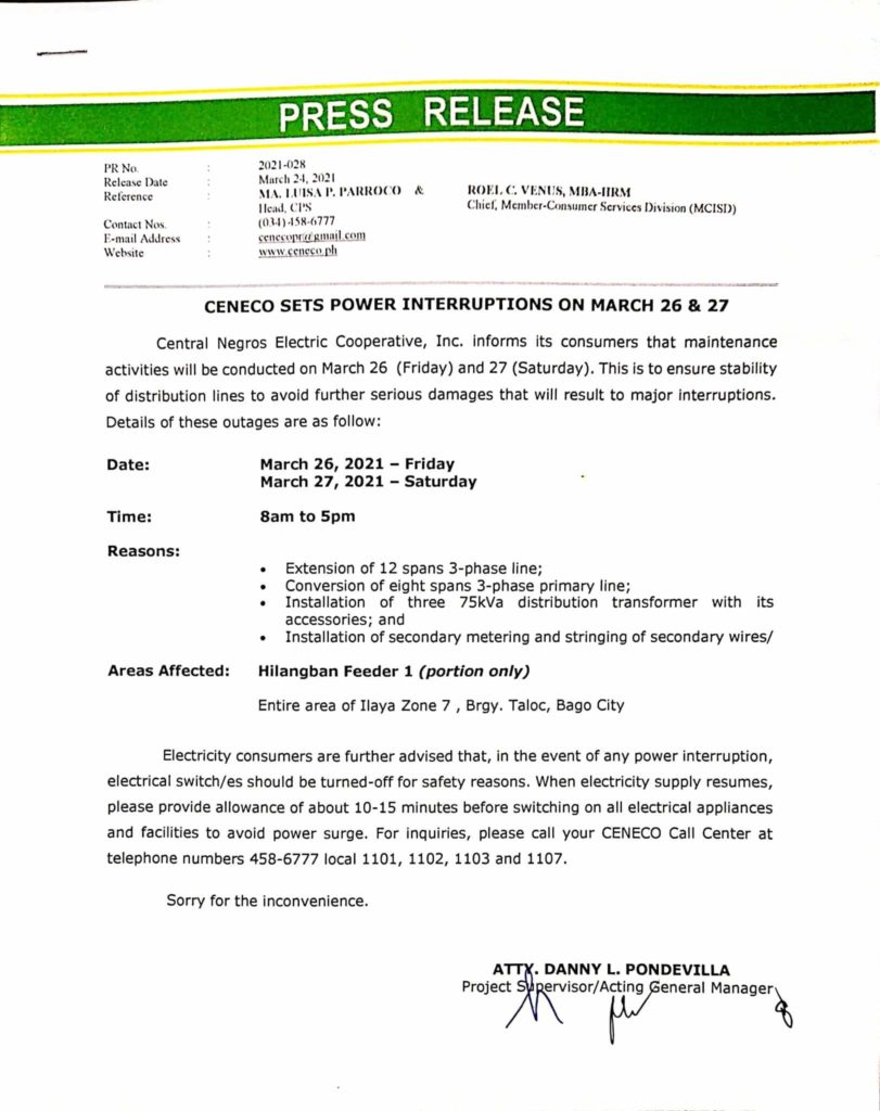 CENECO SETS POWER INTERRUPTIONS ON MARCH 26 & 27