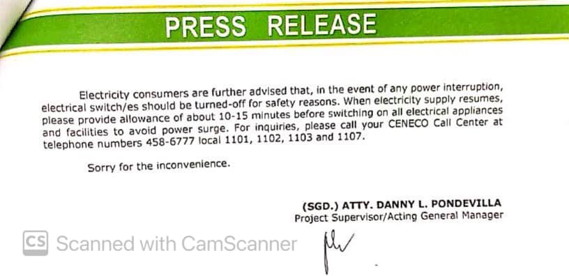 CENECO SET POWER INTERRUPTIONS ON APRIL 10 (Reclamation Feeders)