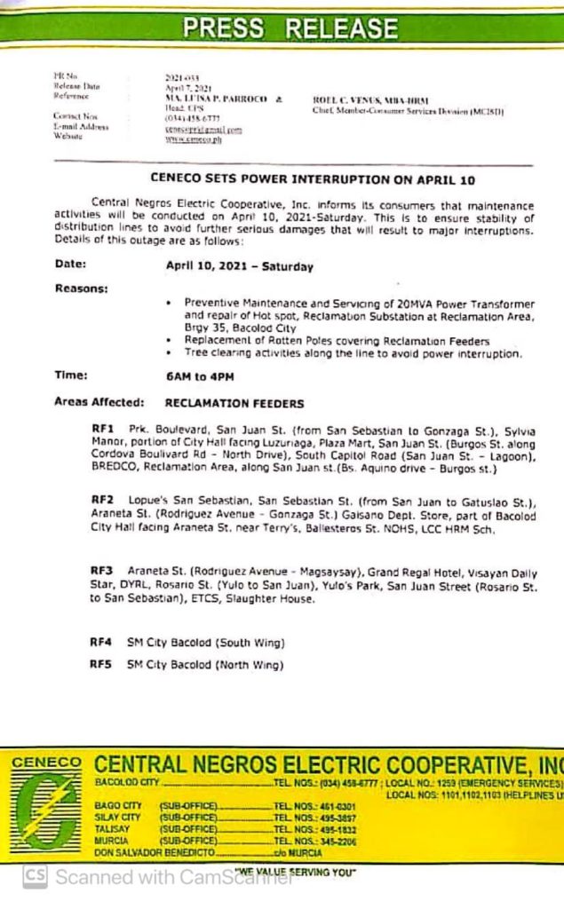 CENECO SET POWER INTERRUPTIONS ON APRIL 10 (Reclamation Feeders)