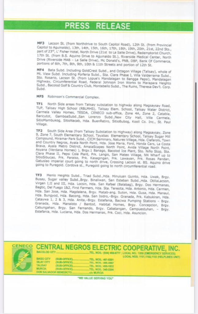 CENECO SETS POWER INTERRUPTION ON APRIL 14