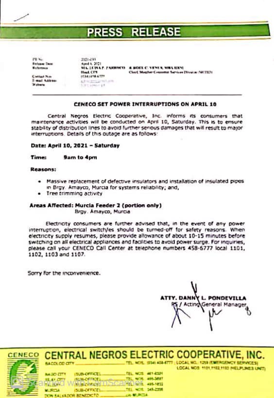 CENECO SETS POWER INTERRUPTION ON APRIL 10