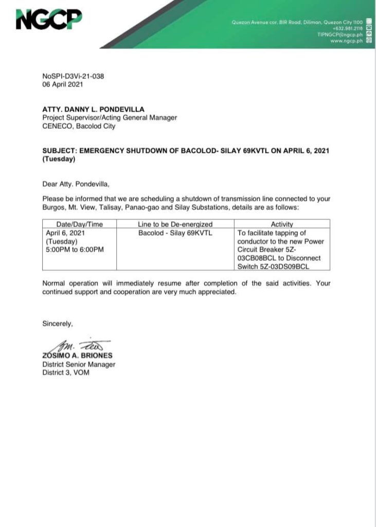 CENECO Power Advisory: NGCP Emergency Shutdown of Bacolod-Silay 69KVTL, April 6, 2021.