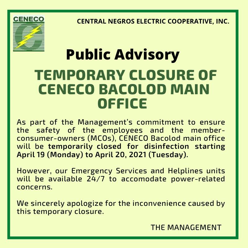 Public Advisory: Temporary Closure of CENECO Bacolod Main Office