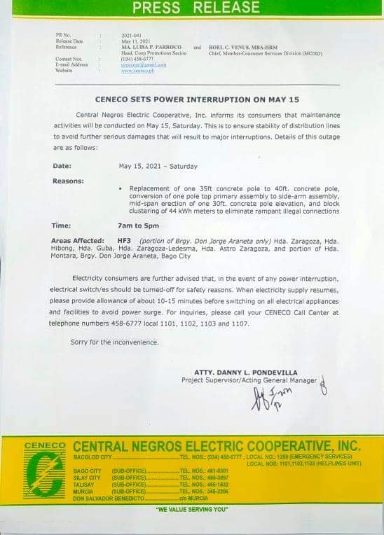 CENECO SETS POWER INTERRUPTION ON MAY 15