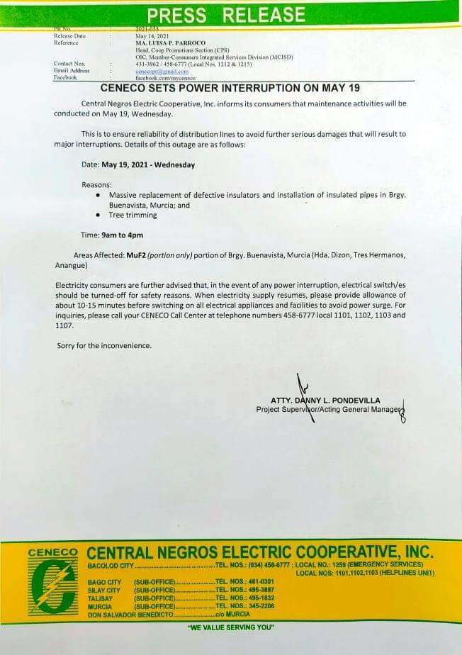 CENECO SETS POWER INTERRUPTION ON MAY 19