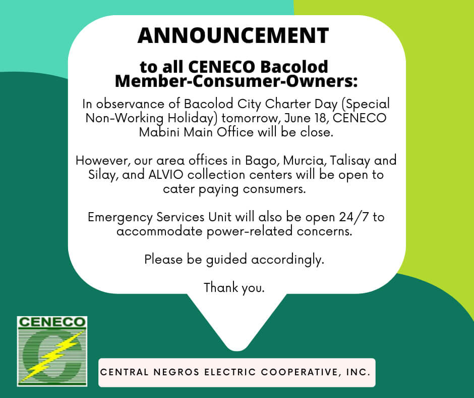 CENECO PUBLIC ADVISORY: Bacolod City Charter Day (Special Non-Working Holiday)