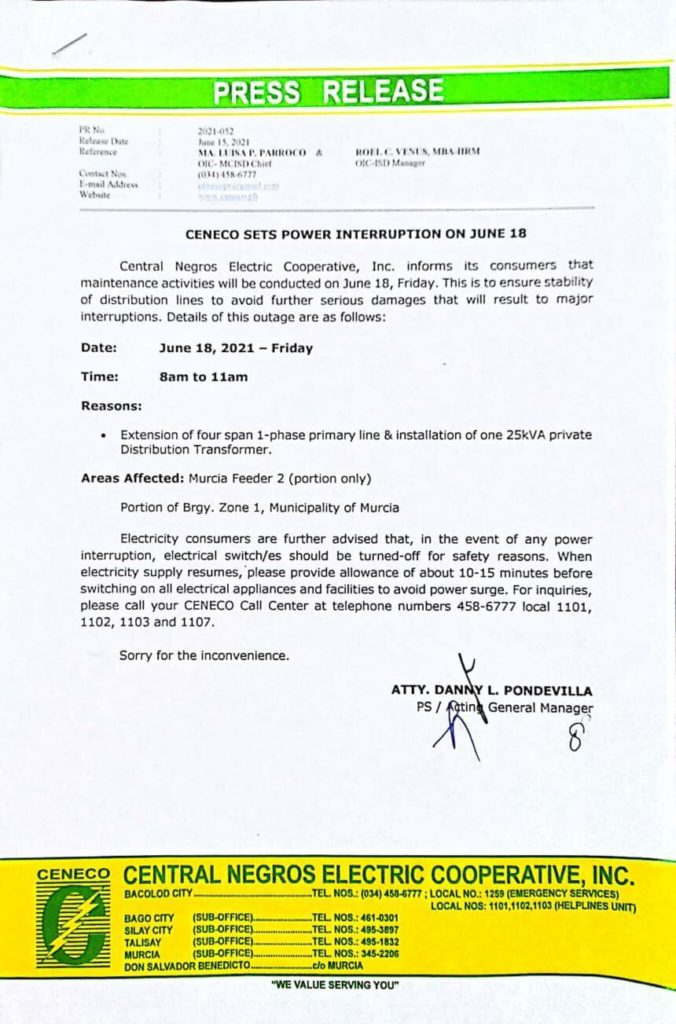 CENECO SETS POWER INTERRUPTION ON JUNE 18