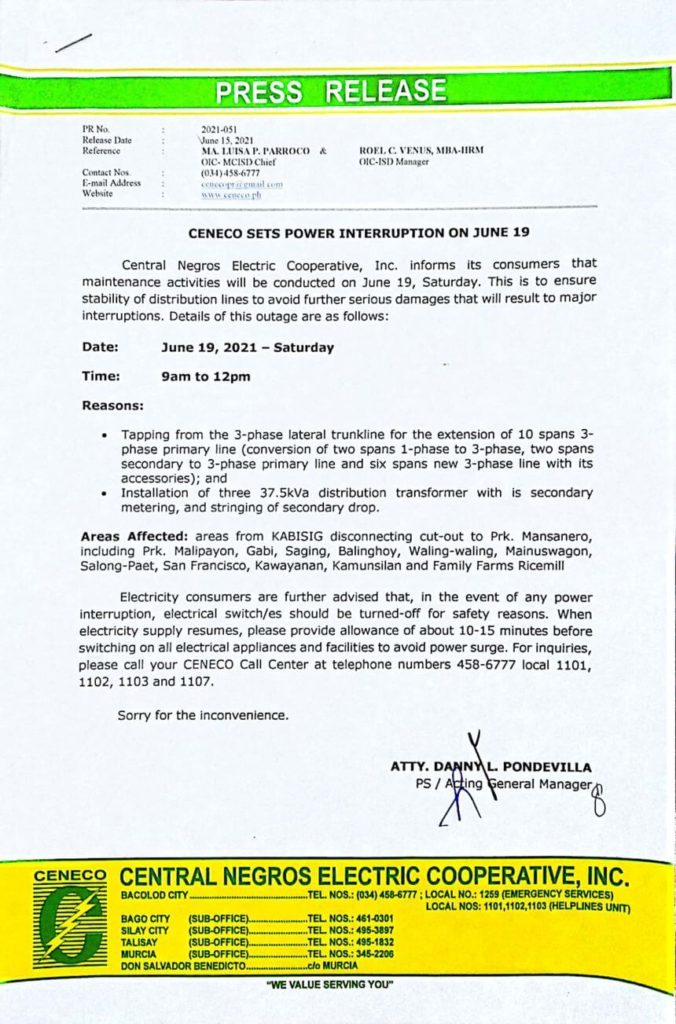 CENECO SETS POWER INTERRUPTION ON JUNE 19