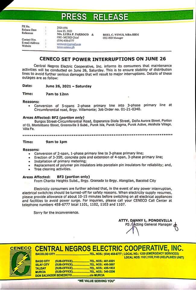 CENECO SETS POWER INTERRUPTION ON JUNE 26 (BF2-BF3)