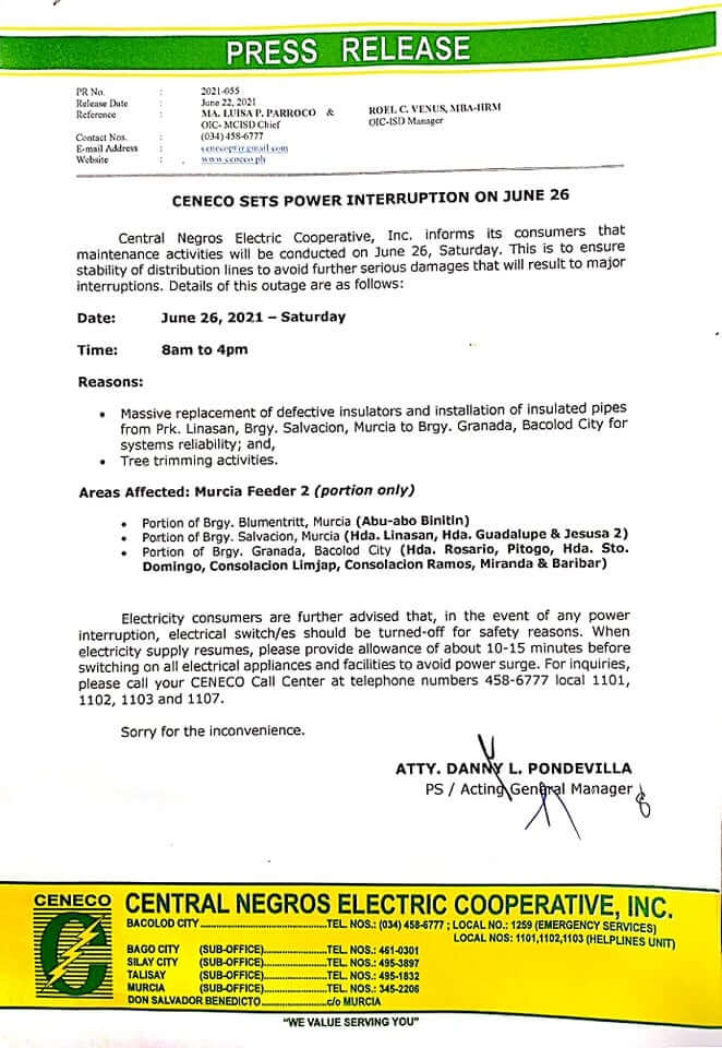 CENECO SETS POWER INTERRUPTION ON JUNE 26