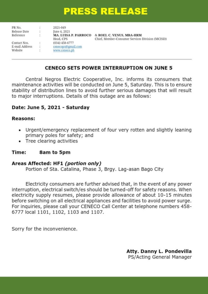 CENECO SETS POWER INTERRUPTION ON JUNE 5 - HF1 (portion only)