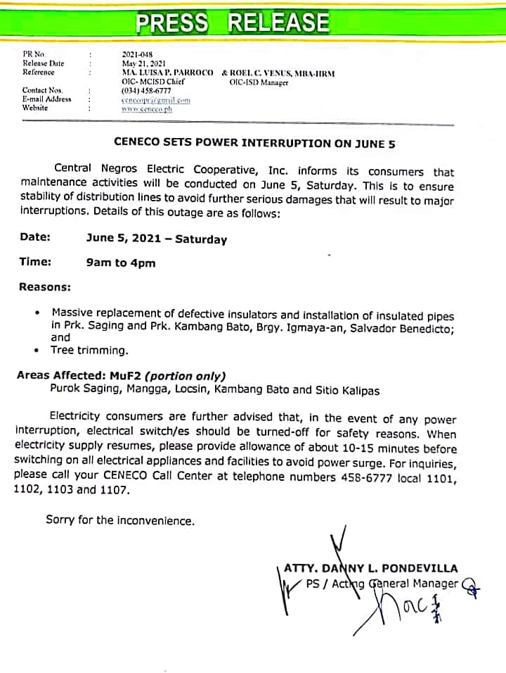 CENECO Sets Power Interruption on June 5