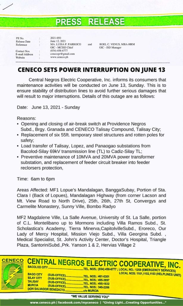 CENECO Power Advisory: Power Interruption, June 13, 2021