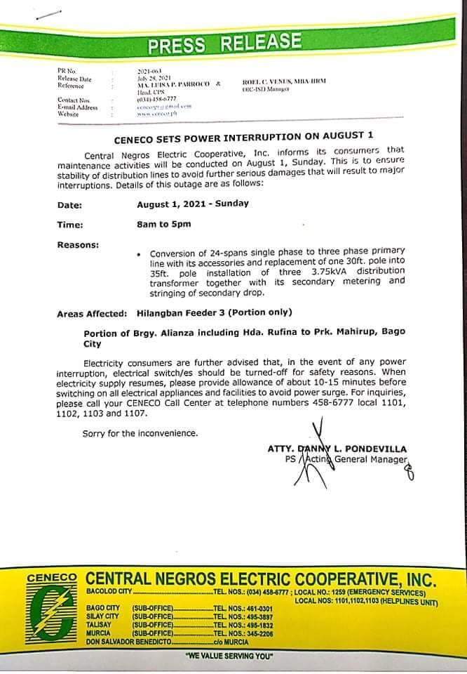 CENECO SETS POWER INTERRUPTION ON July 31 & August 1