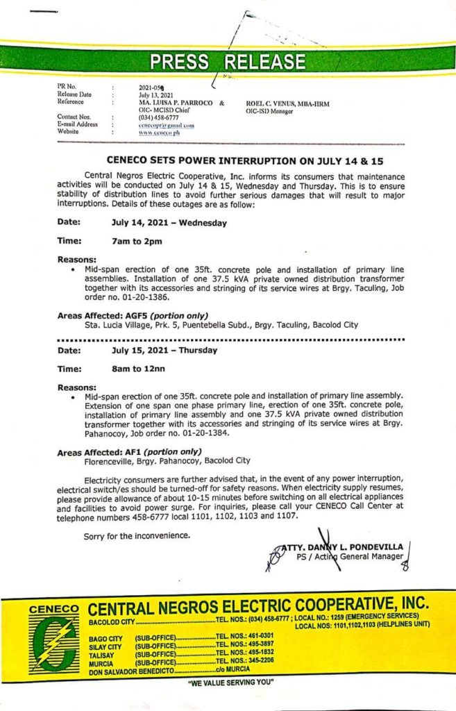 CENECO SETS POWER INTERRUPTION ON JULY 14 & 15