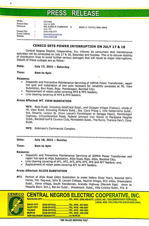 CENECO SETS POWER INTERRUPTIONS ON JULY 3 AND 4