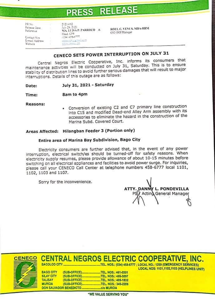 CENECO SETS POWER INTERRUPTION ON July 31 & August 1