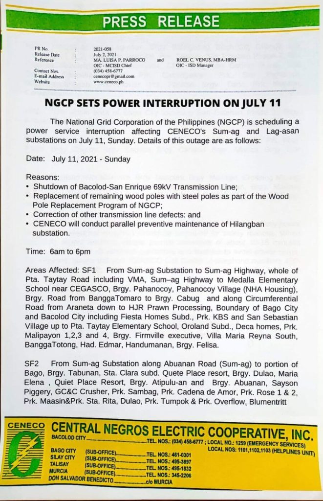 NGCP Sets Power Interruption on July 11