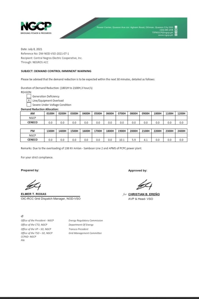 CENECO POWER ADVISORY POSSIBLE LOAD DROP ALLOCATION