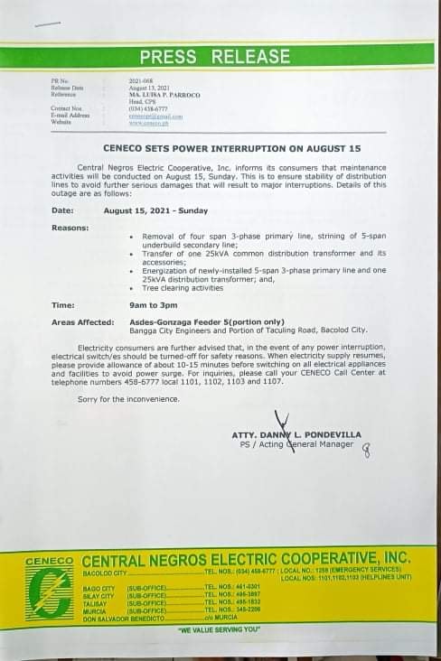 CENECO SETS POWER INTERRUPTION ON AUGUST 15