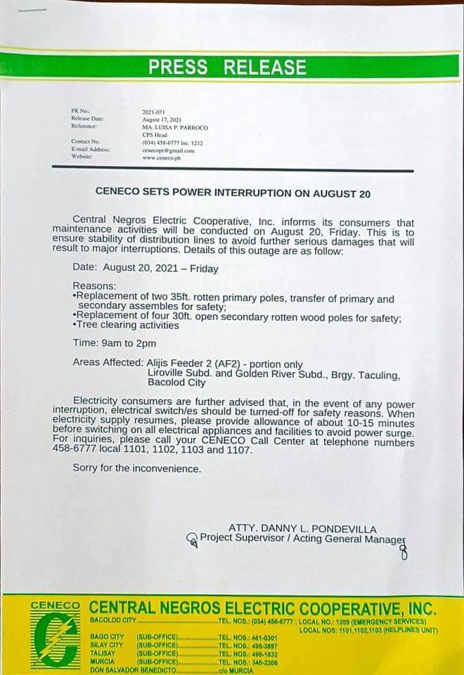 CENECO SETS POWER INTERRUPTION ON AUGUST 20