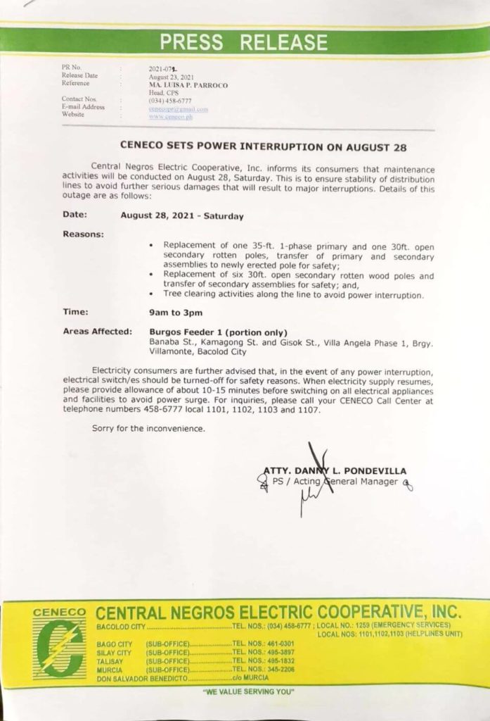 CENECO Sets Power Interruption on August 28