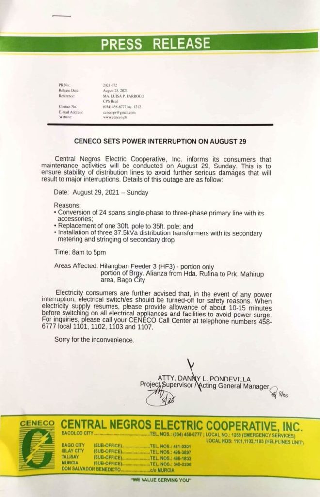 CENECO SETS POWER INTERRUPTION ON AUGUST 29