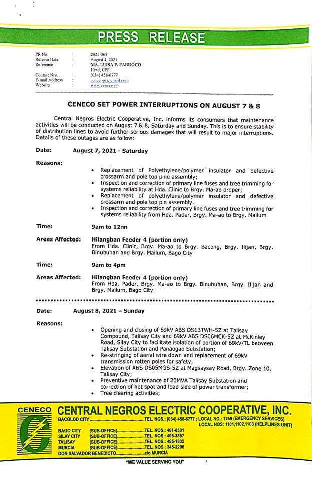 CENECO SETS POWER INTERRUPTION ON August 7-8, 2021