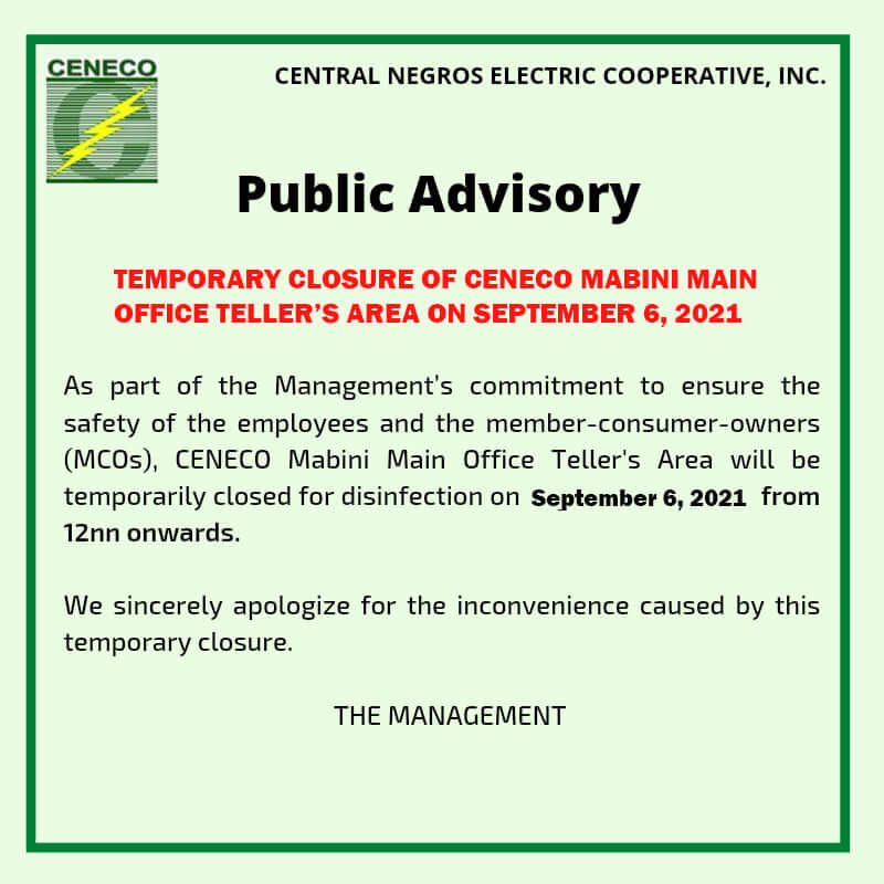 Public Advisory: Temporary closure of CENECO Mabini Main Office Teller's - September 6, 2021