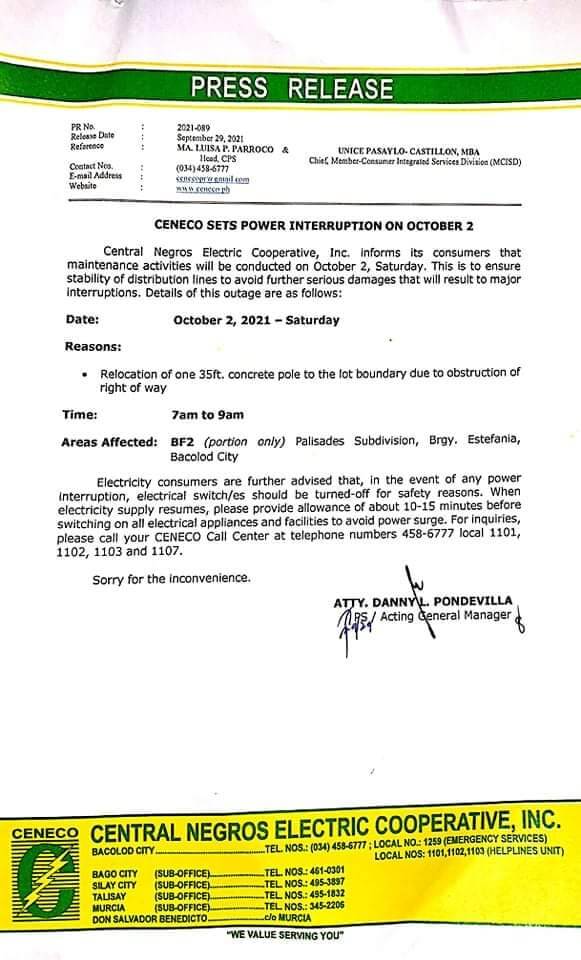 CENECO SETS POWER INTERRUPTION ON OCTOBER 2